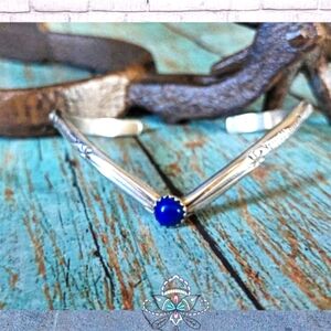 Vintage  Navajo Sterling Silver Lapis Signed Cuff Bracelet